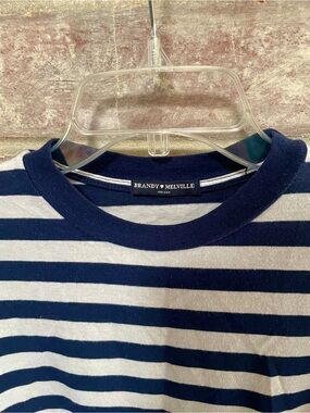 Brandy Melville navy blue + white horizontal striped crewneck long-sleeve shirt